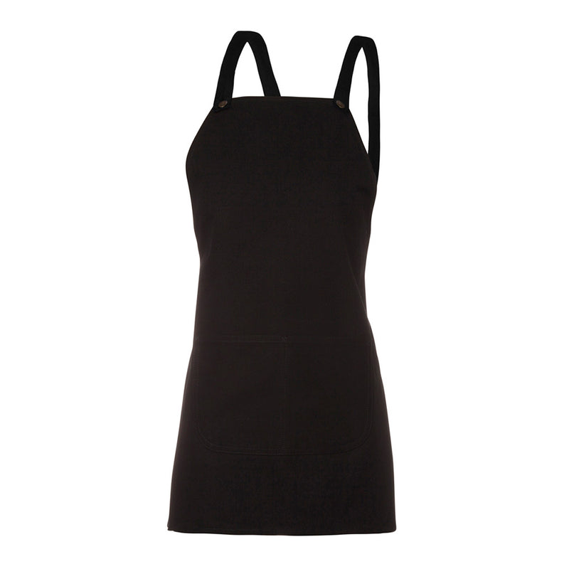 Load image into Gallery viewer, JB's Cross Back Bib Canvas Apron (Without Strap) features a durable black design with antique brass eyelets, a spacious double-stitched front pocket, and is crafted from 100% cotton duck canvas for workplace resilience.