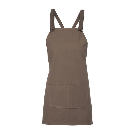 JB's Cross Back Bib Canvas Apron (Without Strap) features a durable 100% cotton, 345gsm duck canvas with a low front pocket, antique brass eyelets, and double-stitched seams, suitable for workplace safety.