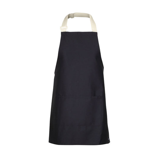 JB's Apron With Colour Straps features a black design with a white adjustable neck strap and front pocket, crafted from durable polyester and comfortable cotton, ideal for workplace safety and uniform use.