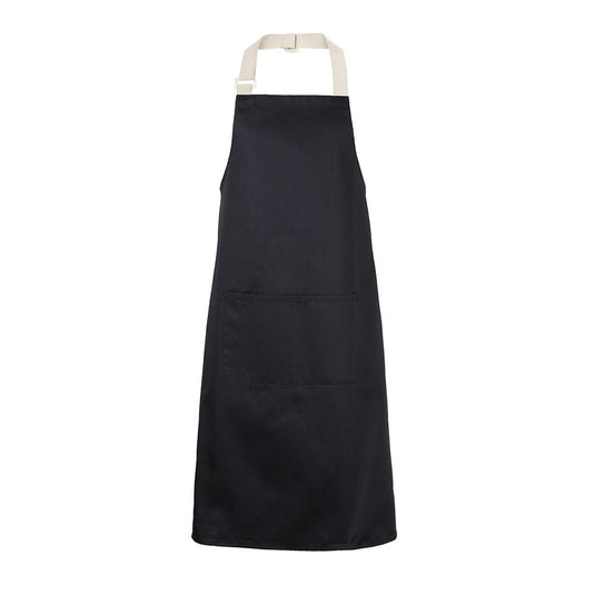 JB's Apron With Colour Straps, showcasing a black apron with a white adjustable neck strap and pocket, crafted from durable polyester-cotton blend, ideal for workplace safety and uniform needs.