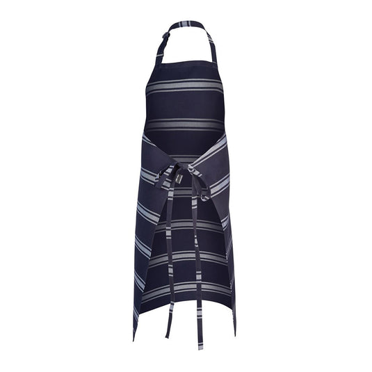 JB's Butchers Apron featuring a durable yarn-dyed twill weave stripe design, with an adjustable bib neck strap and self-fabric ties, ideal for professional use in safety-focused environments.