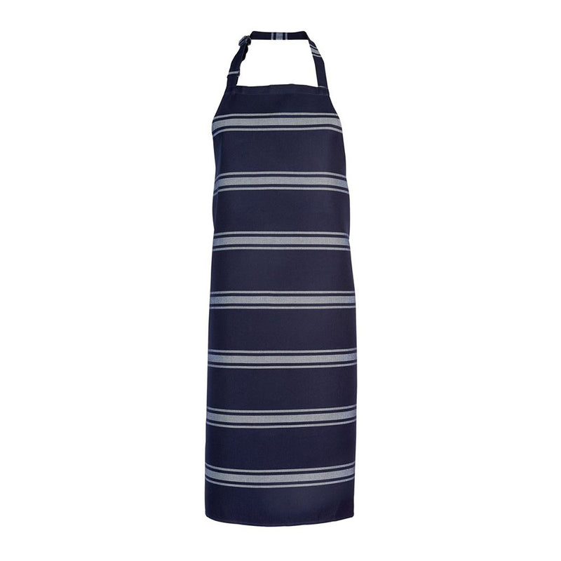 Load image into Gallery viewer, JB's Butchers Apron features a blue and white striped design with a durable bib style, adjustable neck strap, and self-fabric ties, ideal for workplace safety and uniform needs.