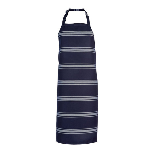 JB's Butchers Apron features a blue and white striped design with a durable bib style, adjustable neck strap, and self-fabric ties, ideal for workplace safety and uniform needs.