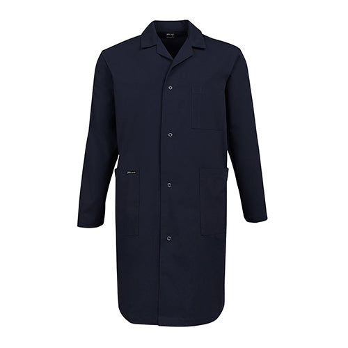 JB's Lab/Dust Coat features a classic long design with a collar, chest pocket, two hand pockets, and a hidden mobile phone pocket, ideal for durable and comfortable workplace wear.