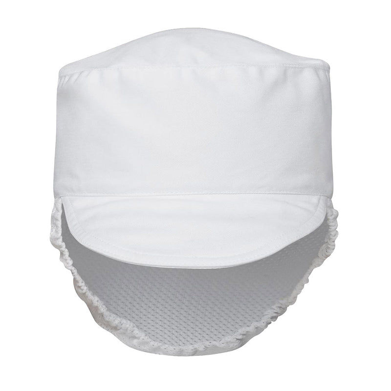 Load image into Gallery viewer, JB's White Food Prep Hat featuring a frill design, peek cap, and fitted mesh hair cover with elastic back, ensuring secure fit. Made from durable polyester and comfortable cotton drill, ideal for professional settings.