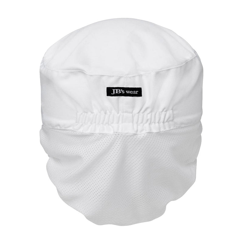 Load image into Gallery viewer, JB's White Food Prep Hat featuring a peek cap, fitted mesh hair cover, and elastic back. Made with 65% polyester and 35% cotton for durability and comfort, with a relaxed circumference of 58cm.