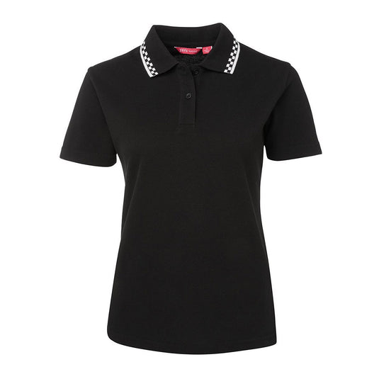 JB’s Ladies Chef Polo Shirt features a classic fit with double knit jacquard collar and straight hem with side splits, crafted from durable polyester and comfortable cotton, ideal for workplace safety attire.
