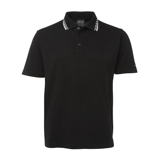 JB’s Chef Polo Shirt, Black/White, features a classic fit with a double knit jacquard collar and straight hem with side splits, crafted from durable polyester-cotton blend, ideal for professional kitchen environments.