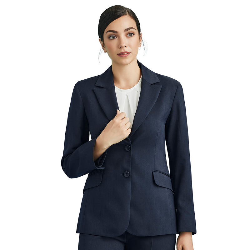 Load image into Gallery viewer, Biz Womens Cool Stretch Longline Jacket, featuring a tailored fit with a sleek blazer look. The jacket includes two front pockets, an internal pocket, and a unique embroidery access zip.