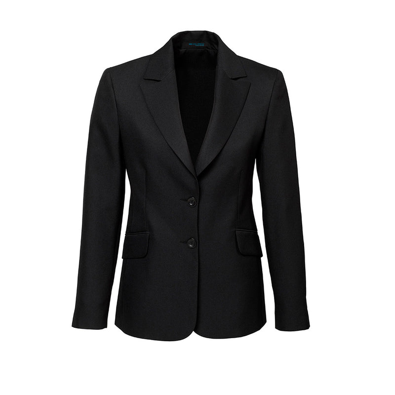 Load image into Gallery viewer, Biz Womens Cool Stretch Longline Jacket displayed on a mannequin, showcasing its tailored fit with a collar, buttons, and front pockets, ideal for professional settings and comfort in warm climates.