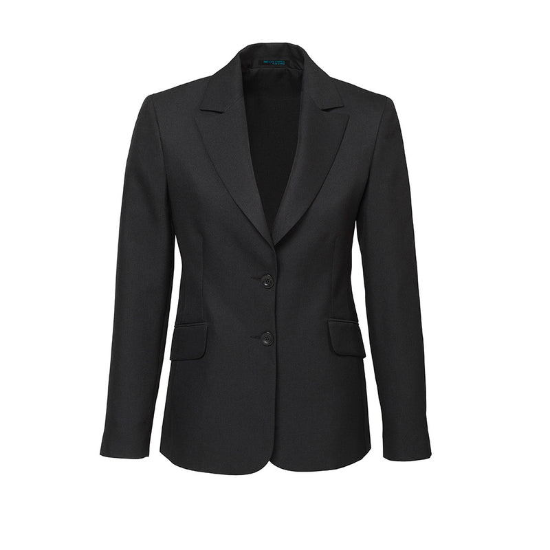 Load image into Gallery viewer, Biz Womens Cool Stretch Longline Jacket displayed on a mannequin, featuring a sleek design with two front pockets, visible buttons, and a collar, ideal for professional workwear in warmer climates.