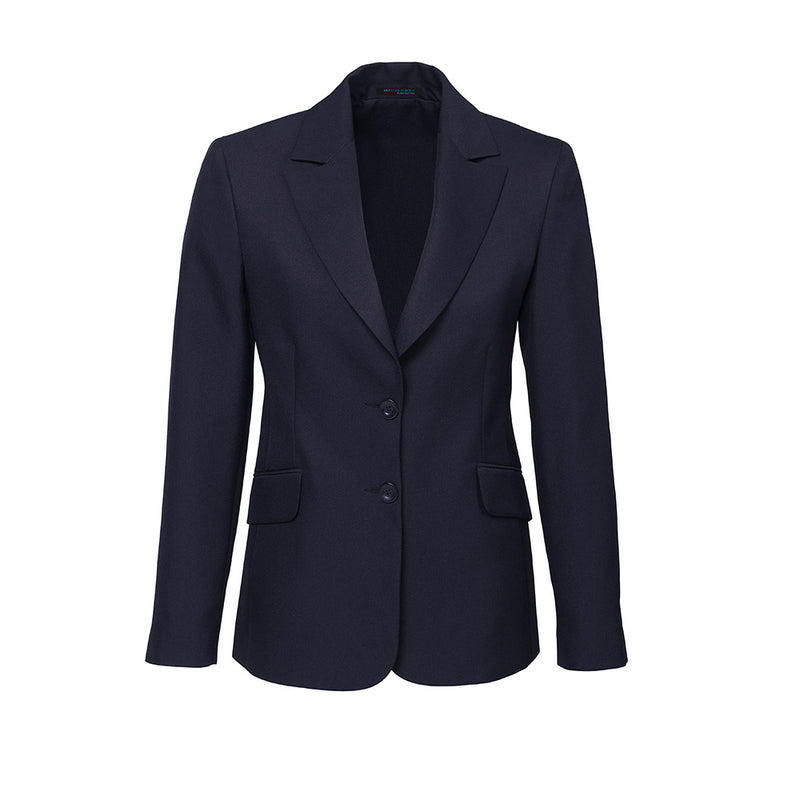 Load image into Gallery viewer, Biz Womens Cool Stretch Longline Jacket featuring a dark blue design with buttons, two front pockets, and a longer silhouette, ideal for workplace settings from Active Safety.