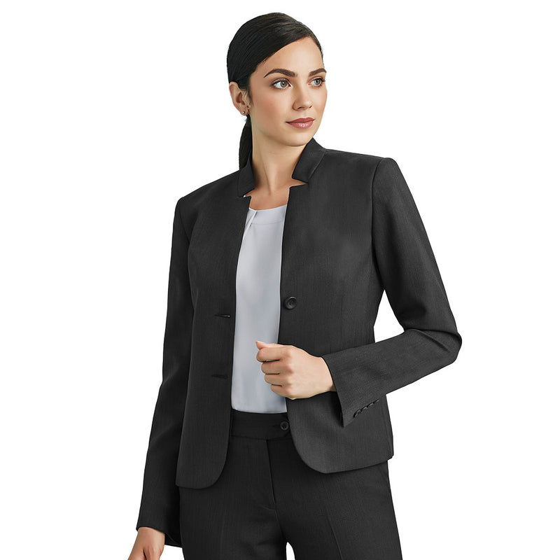 Load image into Gallery viewer, Biz Womens Cool Stretch Short Jacket worn by a woman, showcasing its elegant design and breathable, stretch fabric. Perfect for workplace settings, it features a fully lined interior and internal pocket.