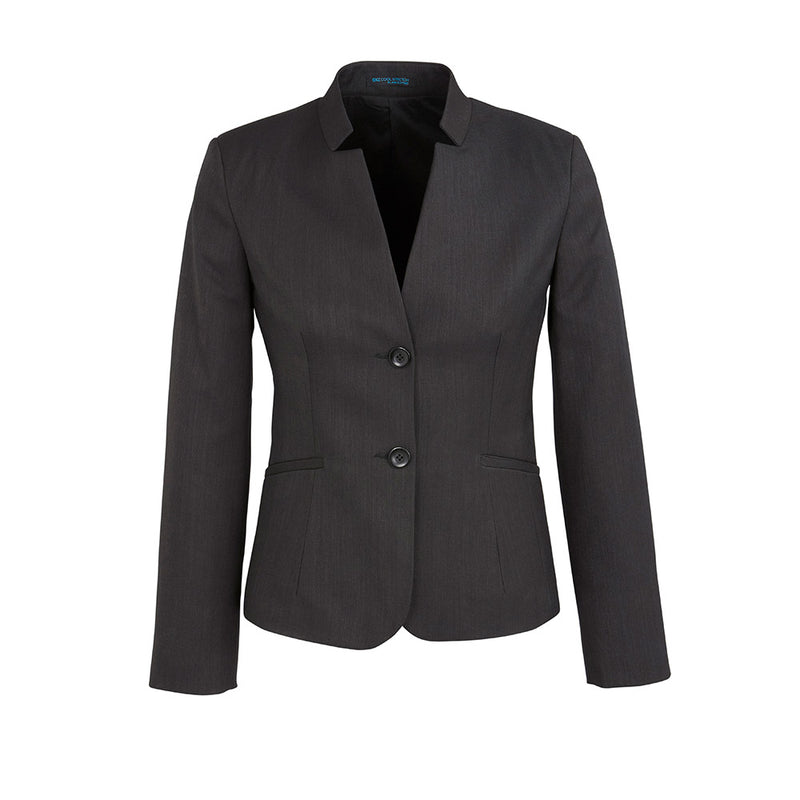 Load image into Gallery viewer, Biz Womens Cool Stretch Short Jacket featuring a tailored black blazer style with buttons, collar, and internal pocket. Designed for comfort and breathability, ideal for professional settings or workplace environments.