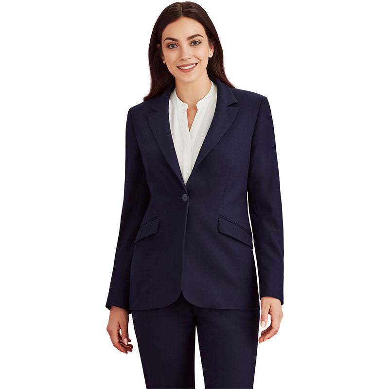 Load image into Gallery viewer, Biz Womens Siena Longline Jacket features peak lapels and a single-breasted front. It showcases a tailored fit with functional hip flap pockets, designed for corporate and functional roles.