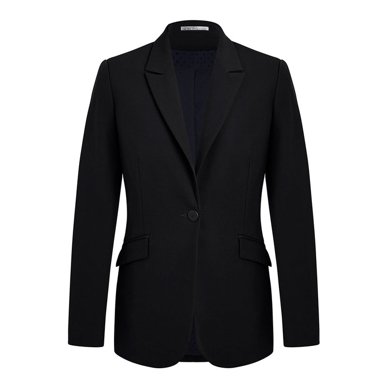 Load image into Gallery viewer, Close-up of the Biz Womens Siena Longline Jacket, featuring peak lapels, a single-breasted front, and functional angled hip flap pockets, highlighting its suitability for corporate and functional roles.