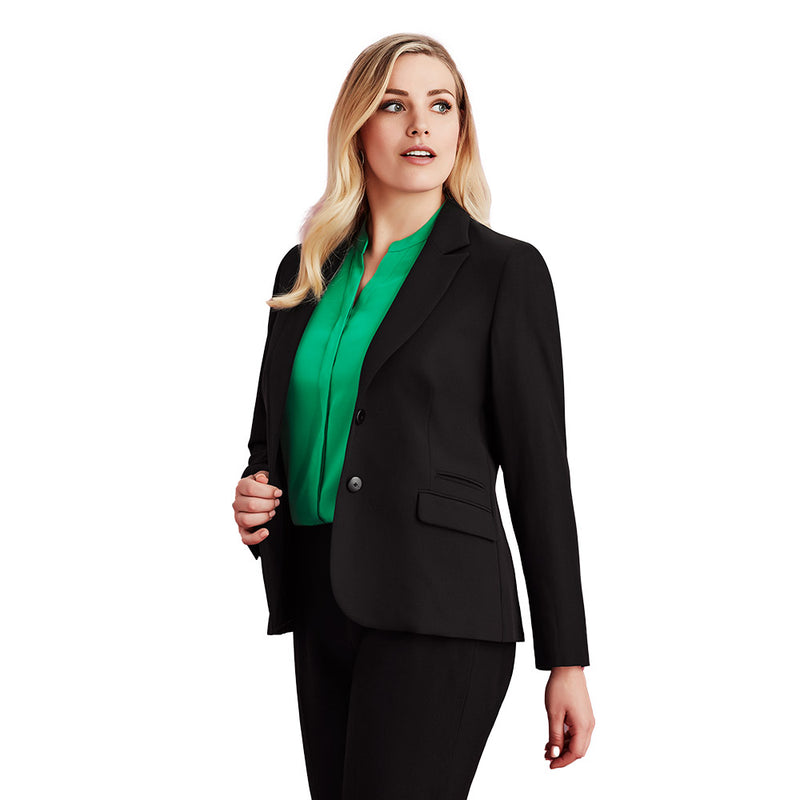 Load image into Gallery viewer, Biz Womens Siena Mid Length Jacket showcased on a woman, highlighting its tailored fit and soft, durable polyester-viscose fabric with added stretch for comfort, ideal for functional and corporate roles.