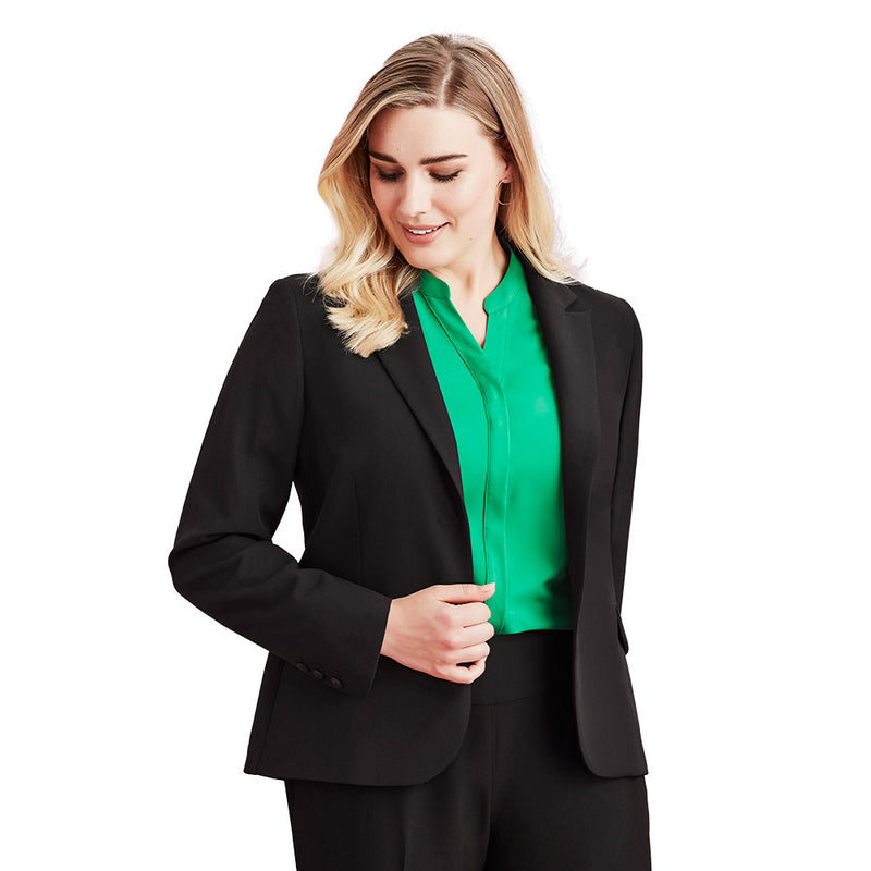 Load image into Gallery viewer, Biz Womens Siena Mid Length Jacket showcased on a woman in a suit, highlighting the tailored fit and sophisticated style, ideal for professional settings, crafted from durable polyester viscose with added stretch for comfort.