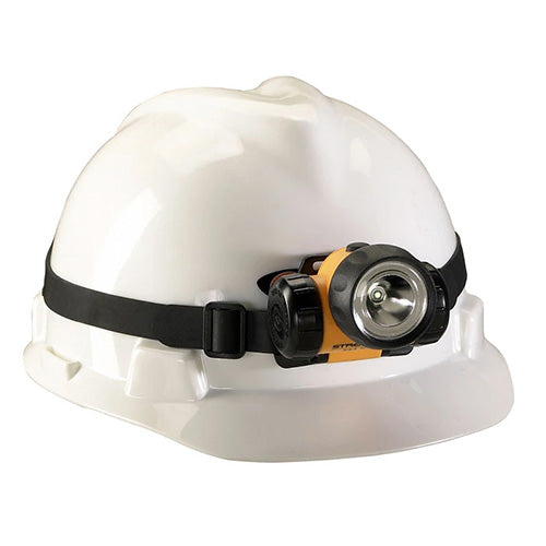 Load image into Gallery viewer, Streamlight 3AA Haz-Lo Headlight mounted on a white hard hat, designed for hazardous locations, providing high-performance lighting, ideal for workplace safety in New Zealand as offered by Active Safety.