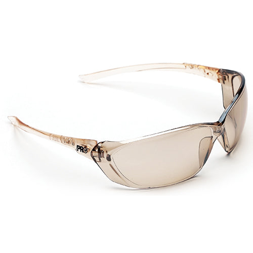 Pro Richter Safety Glasses: Light Brown/Flash Silver shown in a stylish wraparound design with anti-fog, anti-scratch lenses, ideal for medium impact safety and 99.9% UV protection, against a plain background.