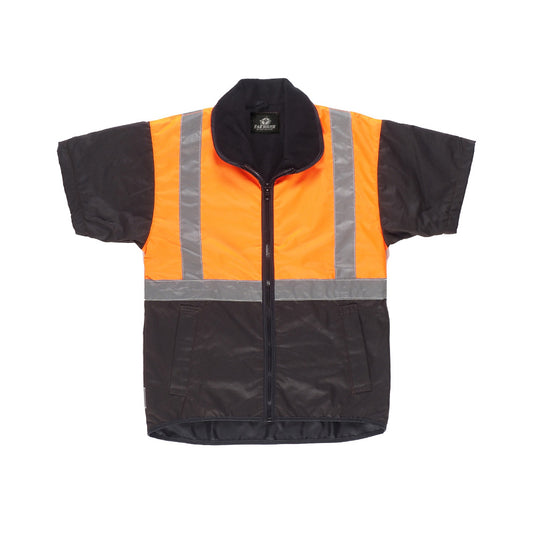 Far South Hi Vis Taped Oilskin Vest featuring a black and orange design with reflective stripes, polar fleece lining, and side entry welt pockets for durability and safety at work.