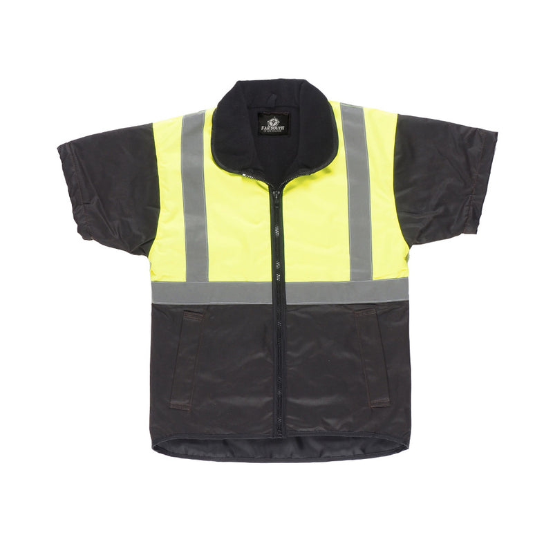 Load image into Gallery viewer, Far South Hi Vis Taped Oilskin Vest, featuring a durable oilskin base and water-resistant top with reflector tape, designed for warmth with polar fleece lining and side entry welt pockets.