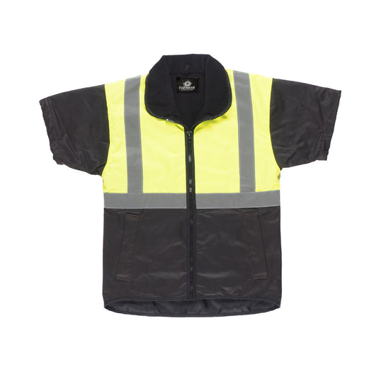 Far South Hi Vis Taped Oilskin Vest, featuring a durable oilskin base and water-resistant top with reflector tape, designed for warmth with polar fleece lining and side entry welt pockets.