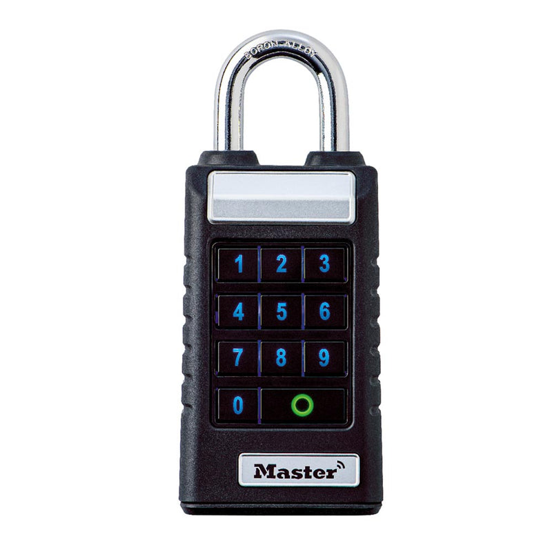 Load image into Gallery viewer, Master Lock ProSeries Bluetooth Outdoor Shackle Padlock, 34mm, features a black rectangle body with a boron-alloy shackle and backlit keypad, ideal for secure key storage.