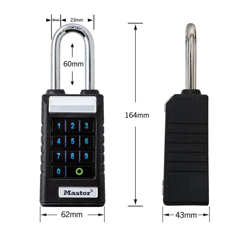 Load image into Gallery viewer, Master Lock ProSeries Bluetooth Outdoor Shackle Padlock, 60mm, shown front and side, features a 3x4 numeric keypad and durable boron alloy shackle, perfect for secure, weather-resistant key storage.