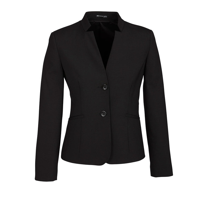 Load image into Gallery viewer, Biz Womens Comfort Wool Stretch Short Jacket displayed on a mannequin, showcasing its sleek design with buttons, collar, and sleeve detail, ideal for professional settings and crafted for comfort and durability.