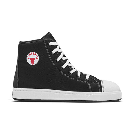 Load image into Gallery viewer, John Bull Python Safety Boots, featuring a black and white design with a bull head logo, offer a sleek, lightweight look with a steel toe cap and slip-resistant rubber outsole, ideal for workplace safety.