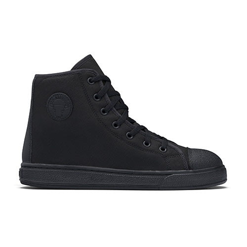 John Bull Mamba Safety Boots, sleek black sneakers with reinforced lace eyelets, padded collar, and steel toe cap, designed for lightweight durability and protection during active work environments.