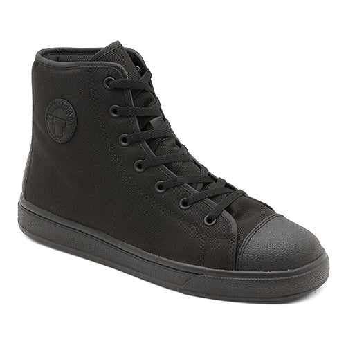 John Bull Mamba Safety Boots feature a sleek black design with reinforced laces and logo, known for lightweight durability and safety with a steel toe cap, ideal for workplace protection.