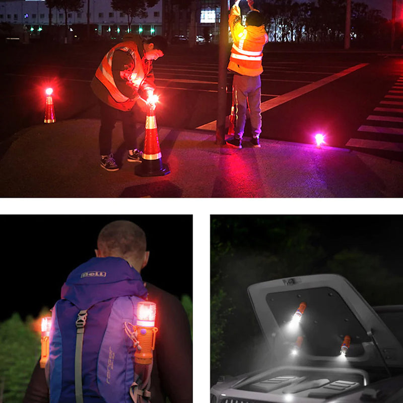Load image into Gallery viewer, Collage featuring the Flashing Rechargeable Safety Beacon in use, highlighting its visibility and versatility in outdoor and emergency scenarios, emphasizing its role in safety and traffic control.