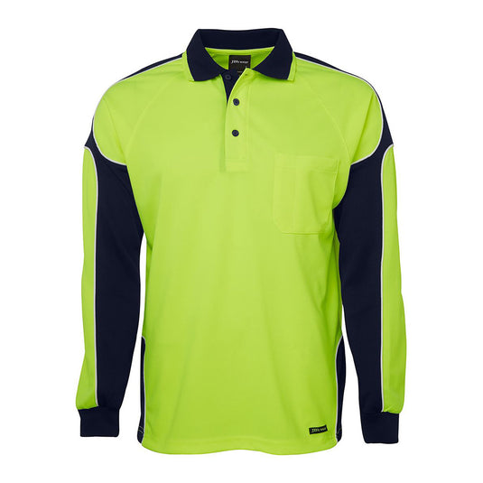 JB's Hi Vis Arm Panel L/S Polo Shirt, featuring long sleeves and a reinforced chest pocket with pen insert, crafted from durable 160gsm micro mesh fabric for moisture wicking, ideal for active safety workplaces.