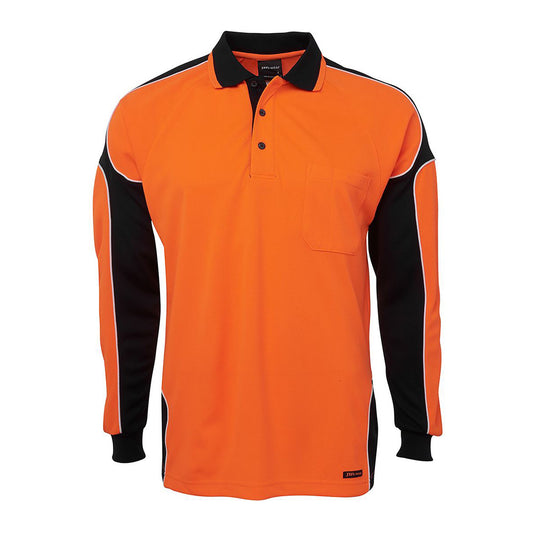 JB's Hi Vis Arm Panel L/S Polo Shirt, a long-sleeved active shirt, featuring a collar and reinforced chest pocket with pen insert, designed for moisture wicking and UPF 50+ protection.