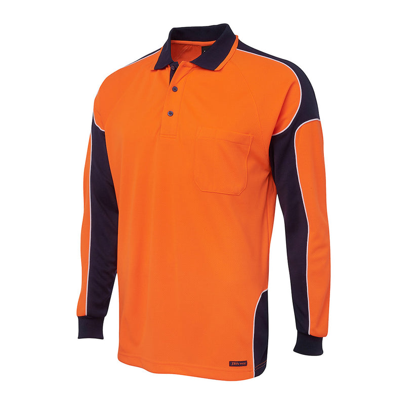 Load image into Gallery viewer, JB's Hi Vis Arm Panel L/S Polo Shirt features long sleeves and a reinforced chest pocket with pen insert. Crafted from durable polyester, it offers moisture-wicking and UPF 50+ protection, ideal for active safety workwear.