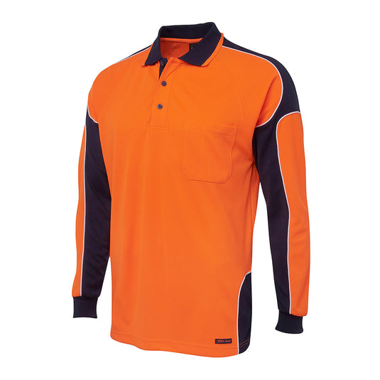 JB's Hi Vis Arm Panel L/S Polo Shirt features long sleeves and a reinforced chest pocket with pen insert. Crafted from durable polyester, it offers moisture-wicking and UPF 50+ protection, ideal for active safety workwear.