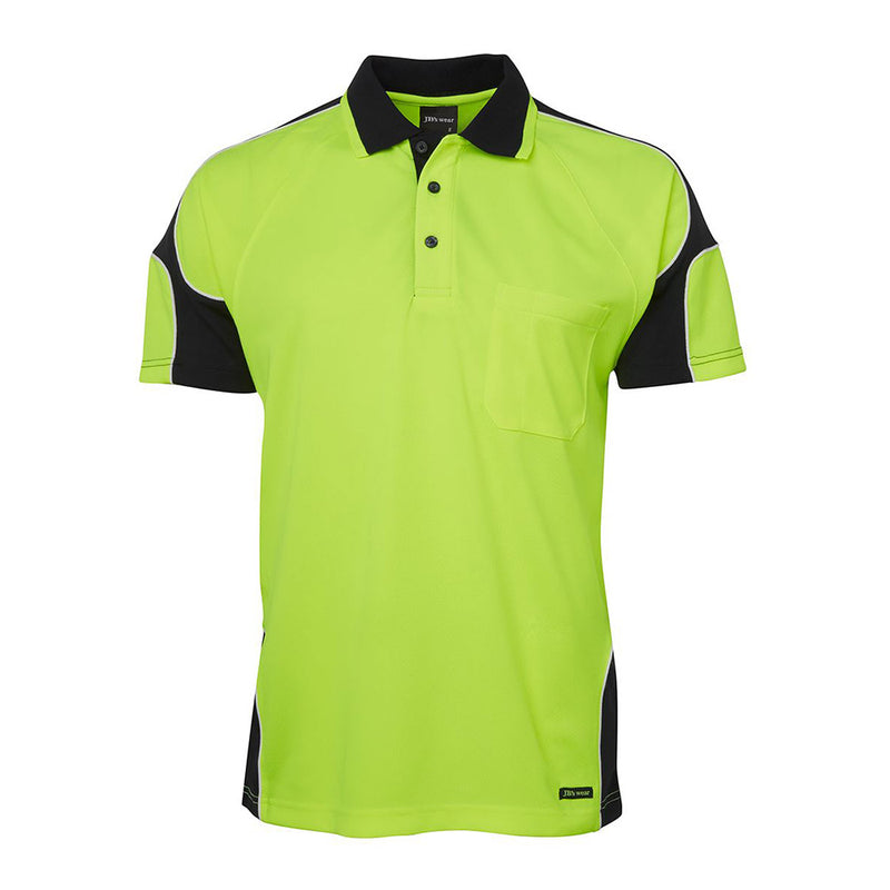 Load image into Gallery viewer, JB's Hi Vis Arm Panel S/S Polo Shirt features a lime green and black design with a reinforced chest pocket and pen insert, crafted from moisture-wicking, UPF 50+ micro mesh fabric for active safety.