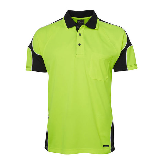 JB's Hi Vis Arm Panel S/S Polo Shirt features a lime green and black design with a reinforced chest pocket and pen insert, crafted from moisture-wicking, UPF 50+ micro mesh fabric for active safety.