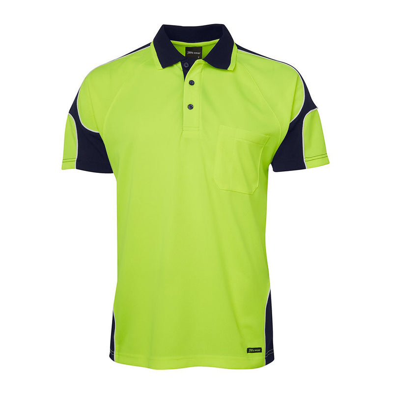 Load image into Gallery viewer, JB's Hi Vis Arm Panel S/S Polo Shirt features a durable 100% polyester micro mesh fabric with moisture-wicking properties, UPF 50+ protection, reinforced chest pocket, and side-split hem, ideal for workplace safety.