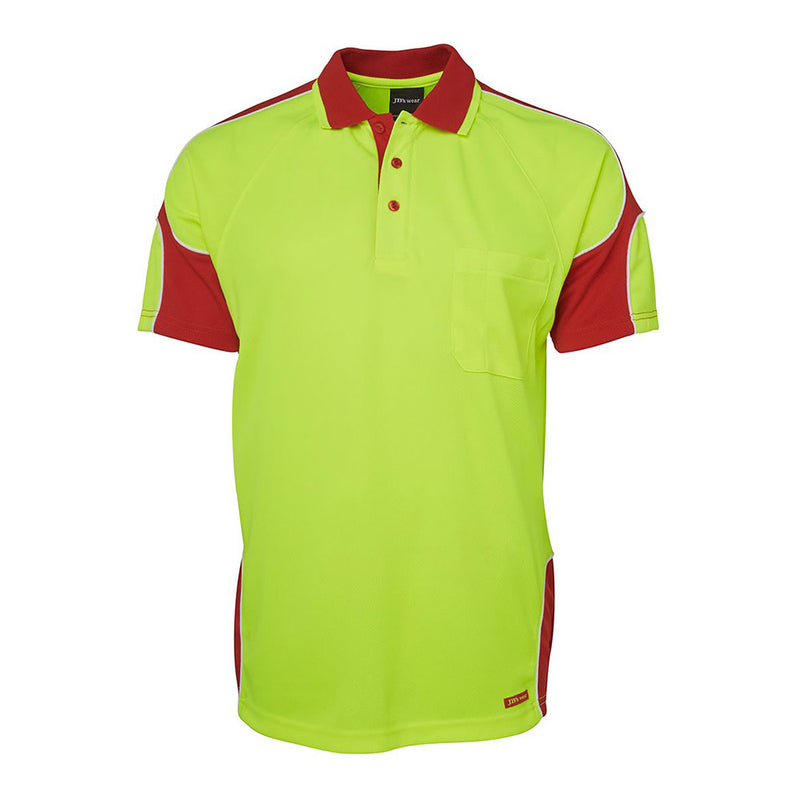 Load image into Gallery viewer, JB's Hi Vis Arm Panel S/S Polo Shirt, featuring a reinforced chest pocket with pen insert, straight hem with side splits, and JB’s Dri™ moisture-wicking fabric, perfect for workplace safety and comfort.