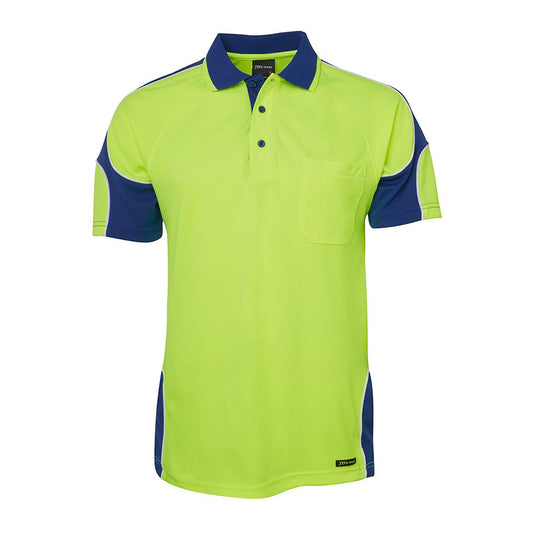 JB's Hi Vis Arm Panel S/S Polo Shirt, featuring a reinforced chest pocket with pen insert and straight hem with side splits, designed for durability and moisture wicking, ideal for workplace safety and comfort.