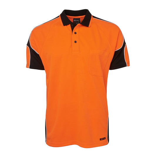 JB's Hi Vis Arm Panel S/S Polo Shirt, featuring a reinforced chest pocket with pen insert, showcases a sleek design in durable micro mesh fabric, ideal for workplace safety and comfort.