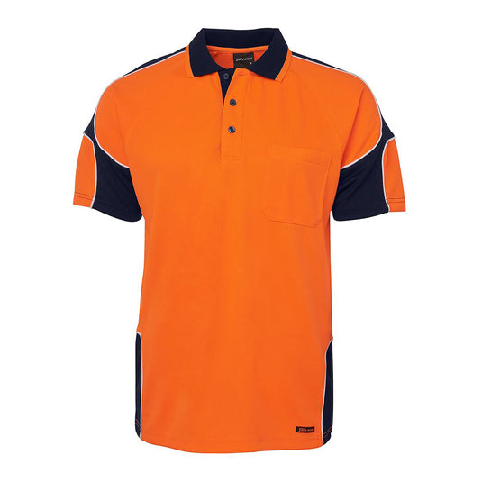 JB's Hi Vis Arm Panel S/S Polo Shirt, featuring a durable micro mesh fabric with a reinforced chest pocket and pen insert, designed for moisture wicking and UPF 50+ protection. Ideal for safety-conscious environments.
