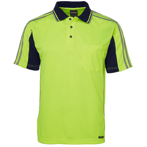 JB's Hi Vis Stripe S/S Polo Shirt features a lime green and black striped design, short sleeves, and a reinforced chest pocket. Made from moisture-wicking fabric for comfort, ideal for workplace safety and visibility.