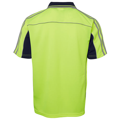 JB's Hi Vis Stripe S/S Polo Shirt features black stripes on yellow, a two-colour striped collar, and a reinforced chest pocket, designed for moisture-wicking and sun protection, ideal for workplace safety.