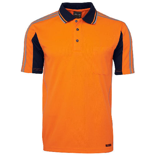 JB's Hi Vis Stripe S/S Polo Shirt features a two-colour striped collar, reinforced chest pocket with pen insert, and a straight hem with side splits, ideal for workplace safety and comfort.