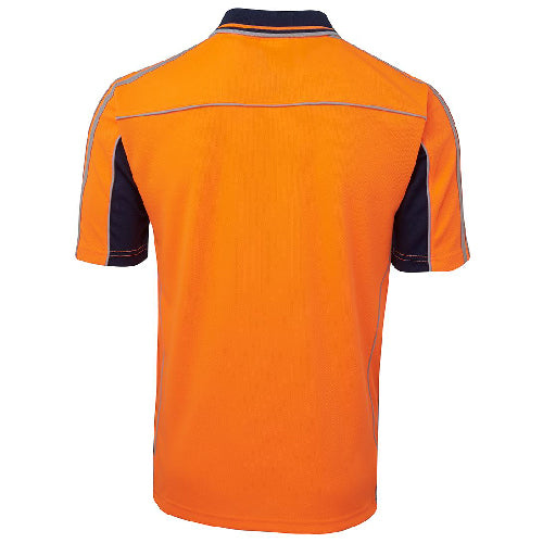 Load image into Gallery viewer, JB's Hi Vis Stripe S/S Polo Shirt showcases the back design, emphasizing its active fit. Made from durable micro mesh fabric, it features a two-colour contrast striped collar and straight hem with side splits.