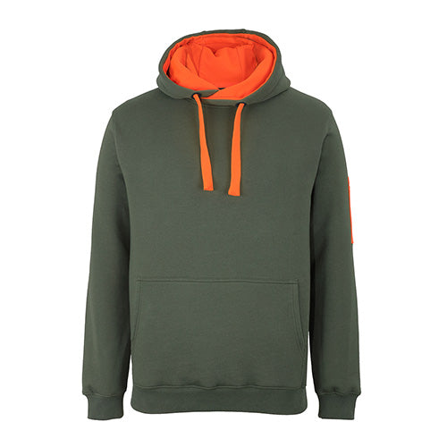 JB's 350gsm Trade Hoodie, featuring a classic fit with an orange trim, includes a kanga pocket and pen pocket. The hoodie is designed for durability and comfort, ideal for safety and work environments.